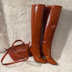 Longchamp Rich Orange Croc-Embossed Heeled Boots w/free matching longchamp bag.